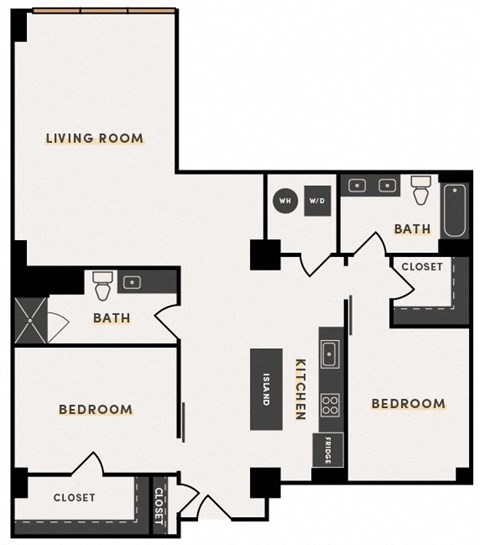 Floor plan for 2 beds, 2 baths, 1300 sqft